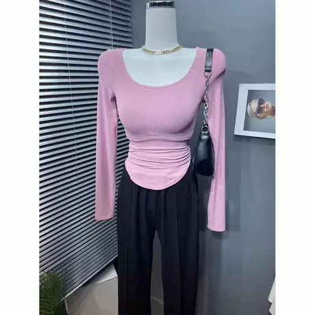 早春新款~欧韩紧身性感显胸圆领长袖t恤女薄款收腰百搭打底衫上衣图片