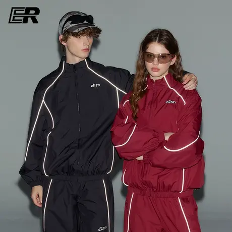 ER反光条户外骑行外套2025春秋季美式立领夹克休闲潮牌梭织套装图片