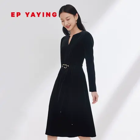 EP雅莹国风 真丝弹力暖感丝绒小黑裙礼服连衣裙 2024春夏新品4616图片