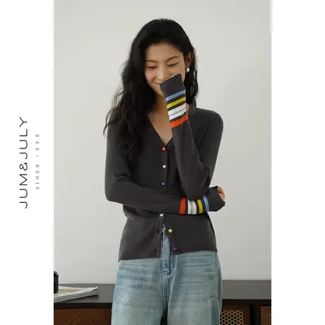 嘉茱莉2025春季新款上衣多彩撞色针织衫女V领针织开衫修身打底衫商品大图