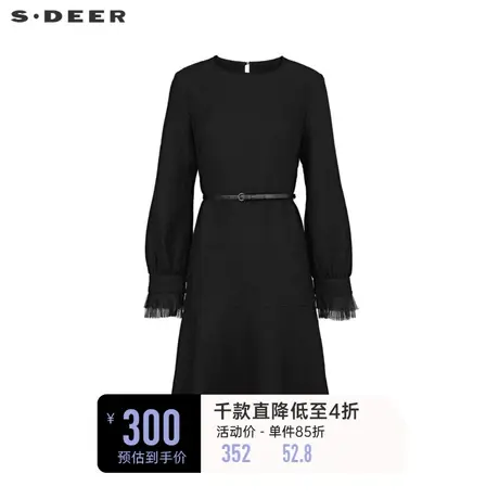 sdeer圣迪奥女装复古圆领收腰网纱宽松连衣裙S233Z12B1❔商品大图