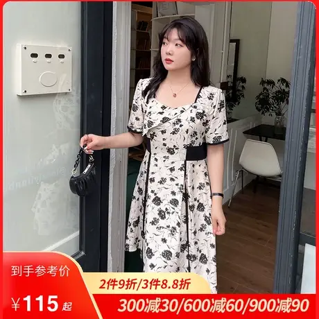 显瘦大码胖MM连衣裙2023新款女装夏季收腰A字气质雪纺碎花裙茶歇商品大图