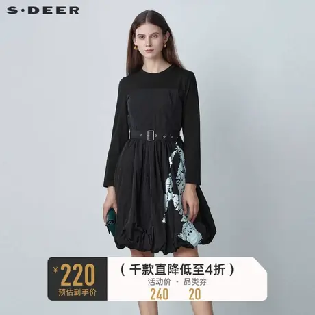 sdeer圣迪奥女装春秋装圆领收腰撞色国风印花连衣裙S221Z1218商品大图