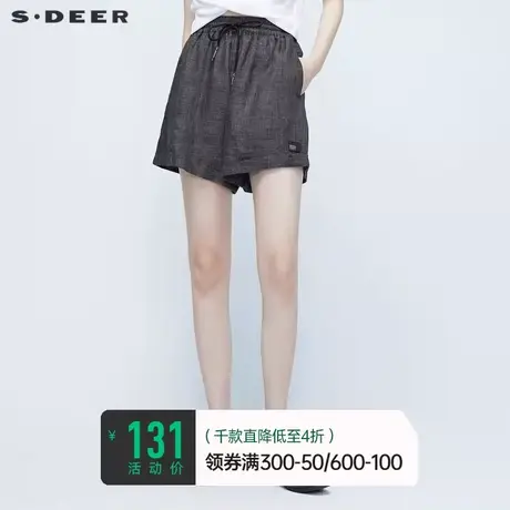 sdeer圣迪奥女装夏季清爽松紧格纹卷边亚麻短裤S20280901🦍商品大图