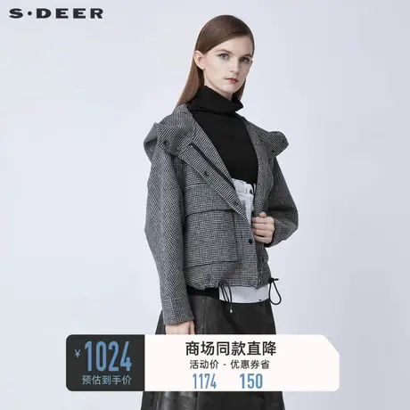 sdeer圣迪奥冬高领连帽格纹抽绳毛呢短外套女S21482224🎊商品大图