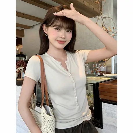 尔给夏季半开领正肩短袖T恤女显瘦修身收腰小众别致百搭上衣图片