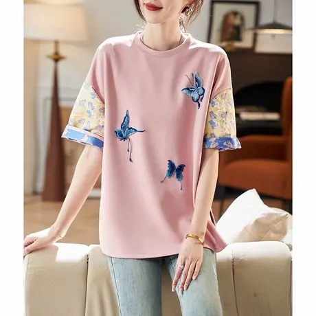 宝诗黎圆领提花刺绣拼接短袖T恤2025夏季新中式国风宽松百搭女装图片