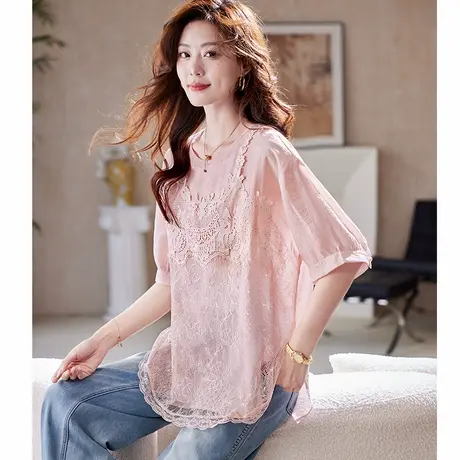 宝诗黎圆领亮片蕾丝拼接衬衫2025夏季洋气假两件宽松休闲大码衬衣图片
