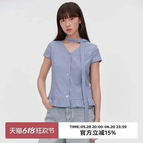 omont蛋挞家复古V领飘带短袖衬衫2025夏季木耳边下摆修身显瘦上衣商品大图