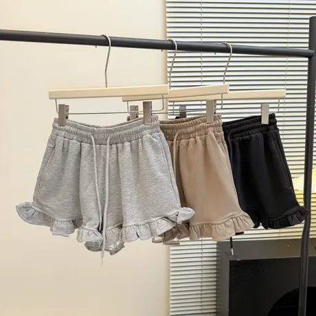 居家外穿木耳边休闲阔腿短裤女夏季韩版高腰宽松运动沙滩跑步热裤商品大图
