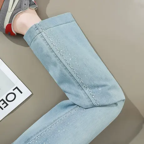 烫钻莱赛尔天丝棉牛仔裤女夏季薄款高腰小个子九分直筒窄版阔腿裤商品大图