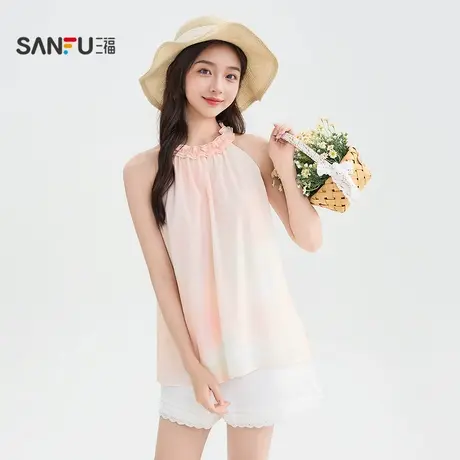 三福短衬衫2025夏季花边挂脖设计晕染宽松圆领上衣女装503644图片