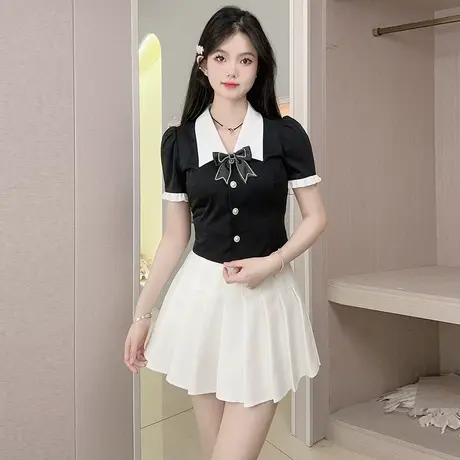 2025新款法式复古气质小香风衬衫黑白撞色修身显瘦短袖衬衣蝴蝶结商品大图