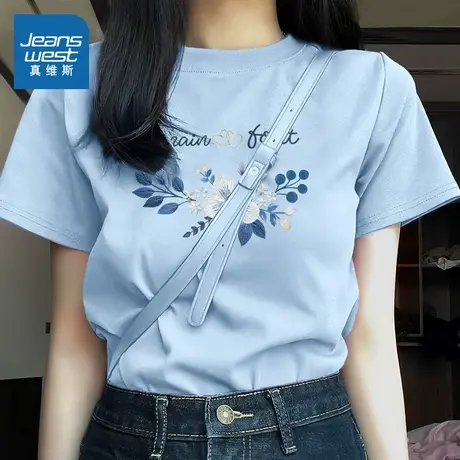 KHV真维斯蓝色正肩短袖t恤女夏季2025新款纯棉小个子宽松半袖体恤商品大图