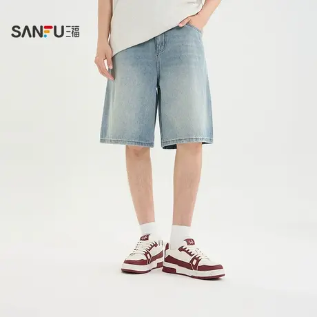 三福2025夏季男士分割设计牛仔中裤 休闲宽松直腰裤子男502016图片