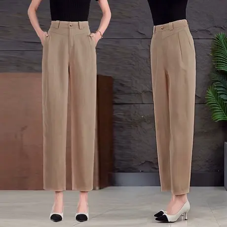 天丝亚麻九分哈伦裤女夏季新款窄版直筒裤高腰显瘦轻薄小脚萝卜裤商品大图