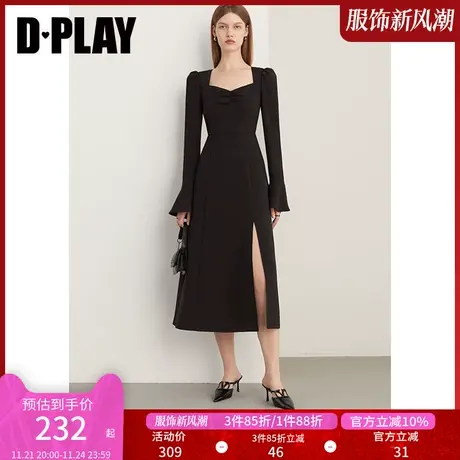 DPLAY秋法式复古经典黑美背宫廷领喇叭袖侧开衩连衣裙小黑裙图片