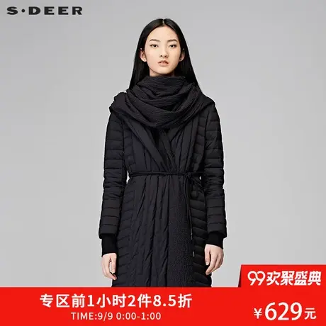 sdeer圣迪奥2018冬新品时尚设计短款系腰连帽羽绒服女S17482443图片