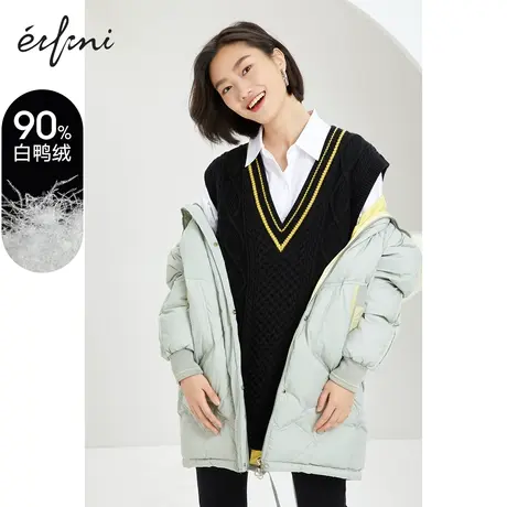 伊芙丽2020新款大毛领连帽宽松羽绒服女中长款外套1BB982601商品大图