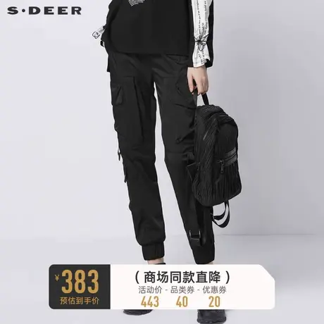 sdeer圣迪奥女装春秋装时尚腰带立体口袋黑色工装长裤S21380804图片