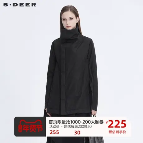 sdeer圣迪奥新款时尚立领罗纹拼接开衩不规则纯黑风衣S19481753图片