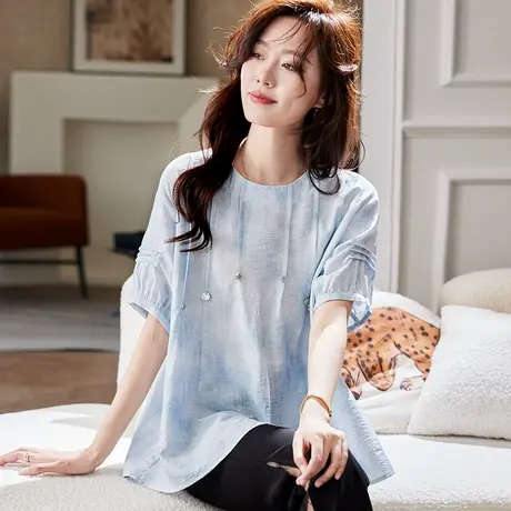宝诗黎圆领宽松晕染短袖衬衫2025夏季韩系气质简约时尚百搭衬衣女图片