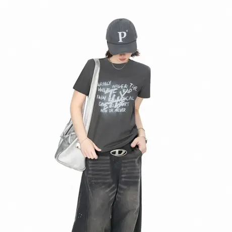 2025夏季新款正肩短袖T恤女字母印花美式辣妹风修身短款半袖上衣商品大图