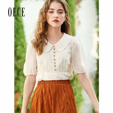 Oece夏装新款女装 可爱甜心复古减龄个性翻领泡泡袖短袖上衣商品大图