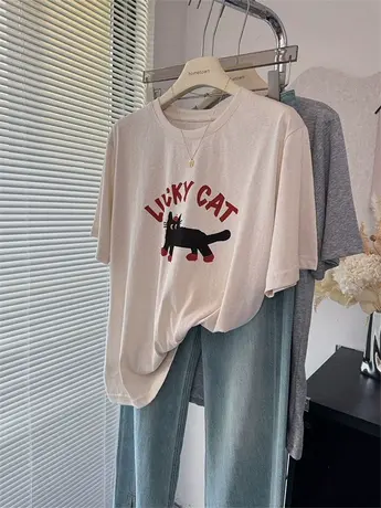 凉爽青春减龄可爱小猫字母印花宽松垂感雪花棉杏色短袖T恤女薄商品大图