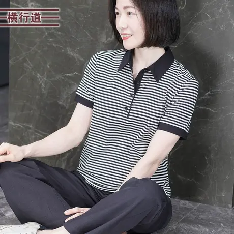 翻领黑白条纹宽松短袖2025夏装新款打底衫半袖上衣衬衫领上衣女装图片