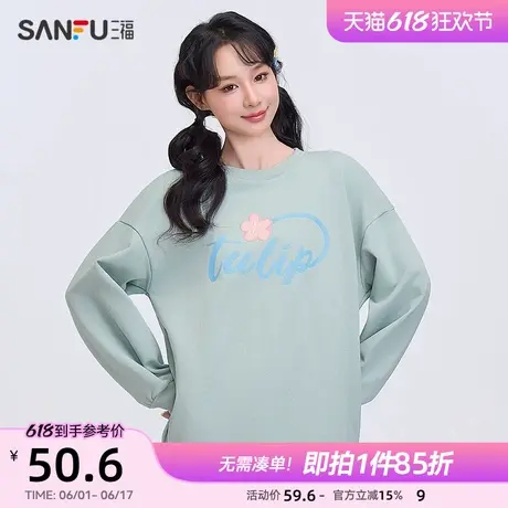 三福卫衣2025春季花朵刺绣圆领宽松时尚上衣女装496713商品大图