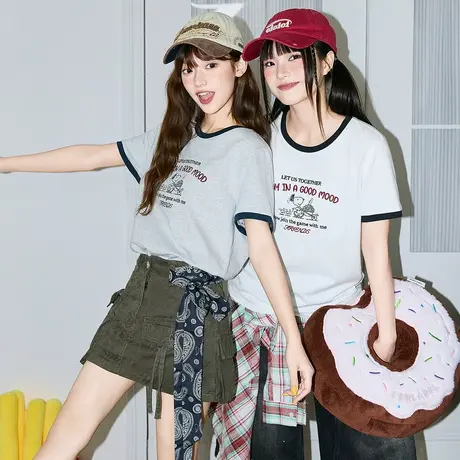 【史努比联名款】唐狮夏季女新款短袖T恤休闲撞色边百搭时尚官方商品大图