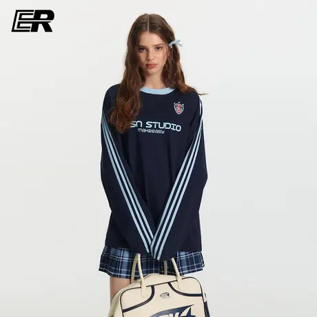 ER三条杠美式徽章长袖t恤情侣春秋潮牌复古运动圆领上衣打底衫图片