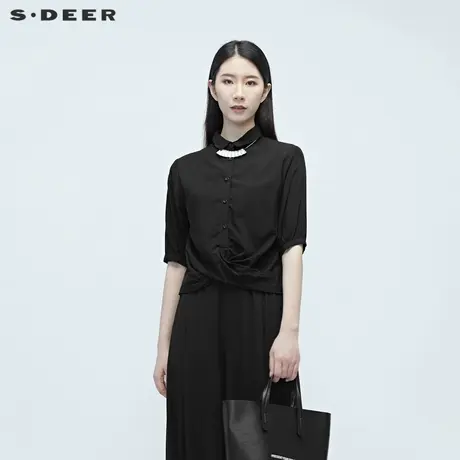 sdeer圣迪奥夏季不规则黑色翻领中袖通勤衬衫女S20280416🎳商品大图