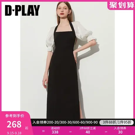 DPLAY2023年秋复古黑黑拼白撞色方领拼接鎏光纱秋冬款连衣裙女图片