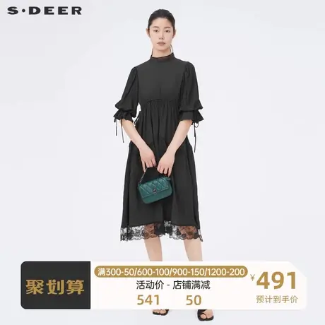 sdeer圣迪奥女装圆领收腰蕾丝拼接肌理中袖连衣裙S22281263商品大图