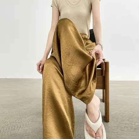 国风醋酸缎面阔腿裤女夏季薄款高腰宽松垂感冰丝休闲直筒拖地裤子图片