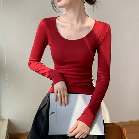 圆领长袖打底衫女内搭春秋安可拉红纯棉修身显瘦正肩外穿t恤上衣图片