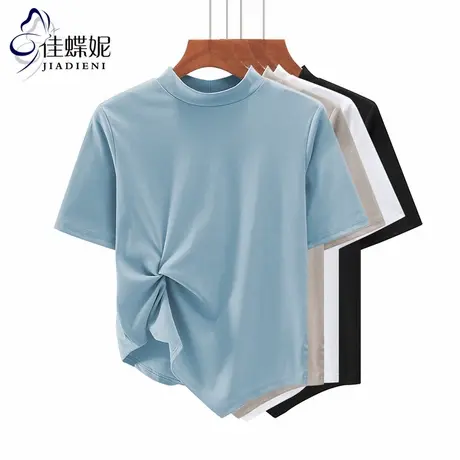 夏季新款韩半高领褶皱下摆不规则宽松纯棉纯色短袖体恤上衣内搭女商品大图