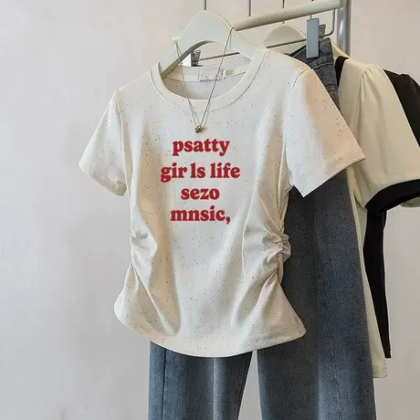 圆领高级感褶皱彩虹波点修身短袖t恤女夏季新款正肩短袖收腰上衣图片