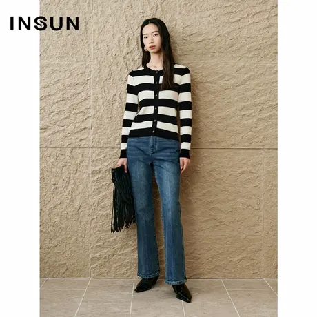 「美丽诺」INSUN恩裳专选2025春季黑白条纹坑条羊毛针织衫商品大图