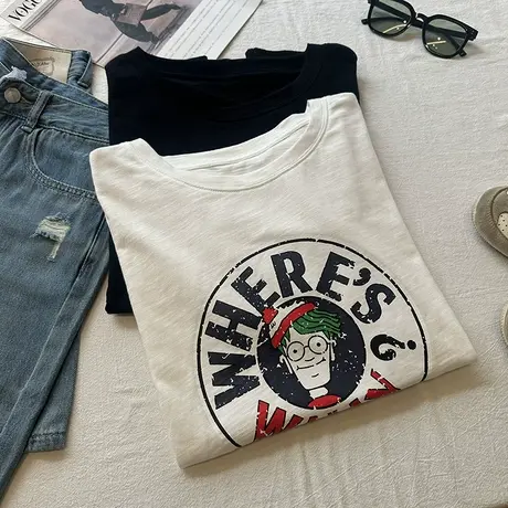 竹节棉印花短袖T恤女夏季新款透气薄款圆领宽松大码休闲减龄上衣商品大图