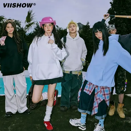 VIISHOW美式复古纯色基础款420G重磅卫衣男情侣帽衫潮牌连帽卫衣商品大图