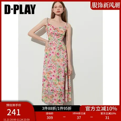 DPLAY夏优雅玫瑰庄园系带度假抽褶高开叉印花吊带连衣裙商品大图