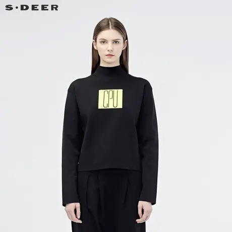 sdeer圣迪奥女2019秋宽松半高领撞色字母落肩袖针织毛衣S19183522图片