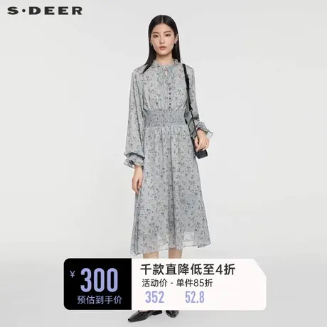 sdeer圣迪奥女装木耳边V领碎花束腰灯笼袖连衣裙S231Z12B3商品大图