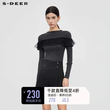 sdeer圣迪奥女装休闲圆领网纱碎褶修身针织衫S23463507图片
