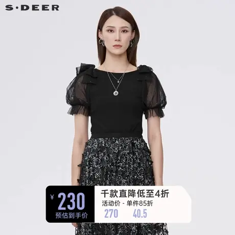 sdeer圣迪奥女装时尚圆领蝴蝶结网纱泡泡袖T恤S222Z0196图片