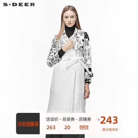 sdeer圣迪奥女2019冬个性翻领双排扣字母胶印收腰风衣S19481868图片