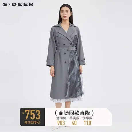 sdeer圣迪奥设计感风衣女收腰印花网纱通勤外套S223Z1839图片